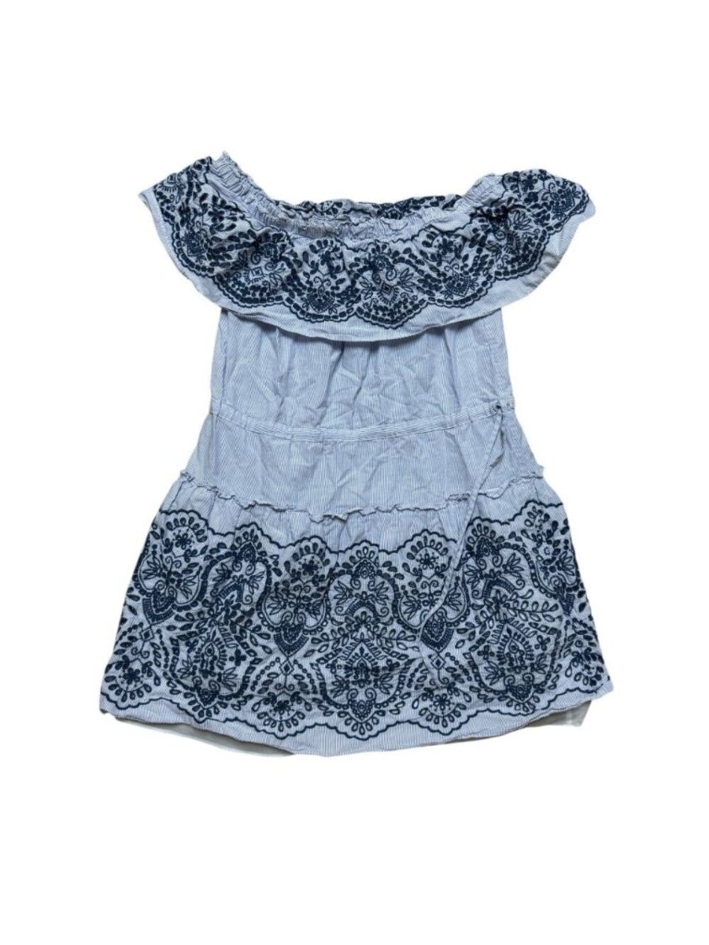 BCBGMAXAZRIA Off Shoulder Embroidered Mini Dress Blue White Cotton M